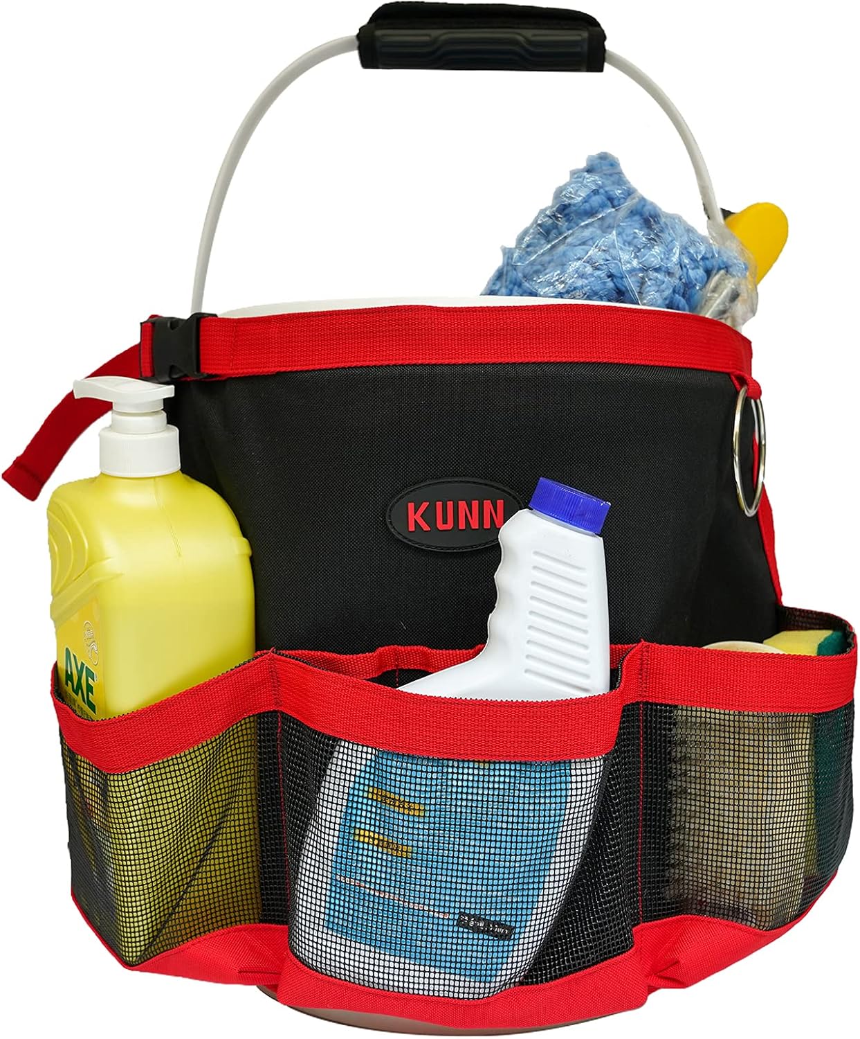 KUNN Car Wash Bucket Tool Organizer for 5 Gallon Bucket with Towel Holder Ring,Soap Pockets Cleaning Bucket Organizer Water-Resistant Mesh Pockets for Clean Supplier,Car Wash Supplier Red