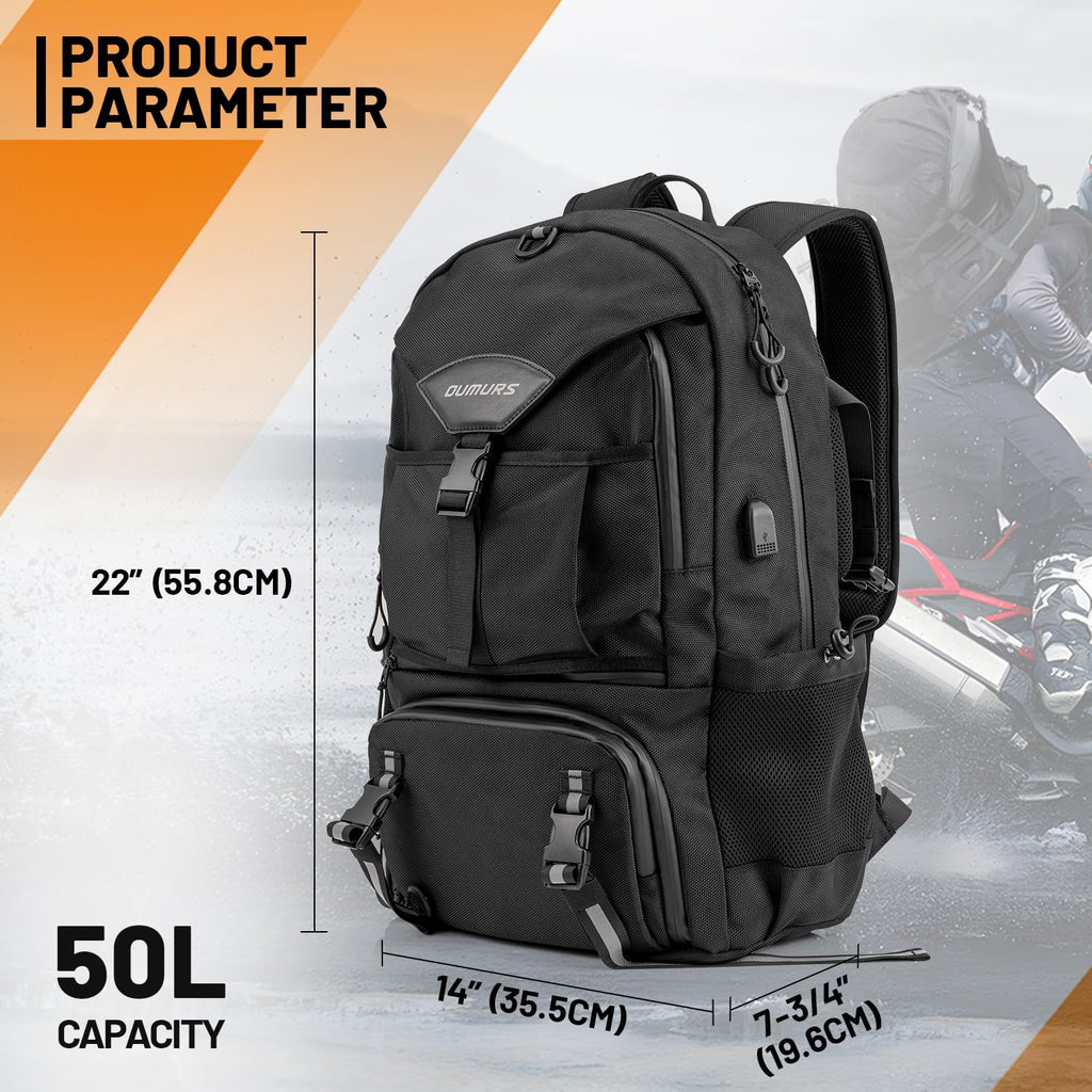 Oumurs Motorcycle Helmet Backpack 50L, Expandable Helmet Bag with Rain Cover, Water-Resistant Black 1680D Oxford Fabric, USB Port, Helmet Strap, Large Capacity for Motorbike Travel & Commuting