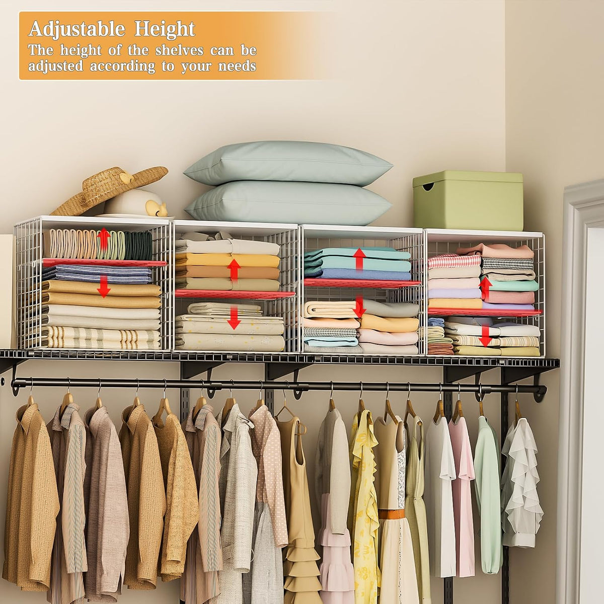 4-tier stackable closet organizers and storage shelves, closet, close-up detail