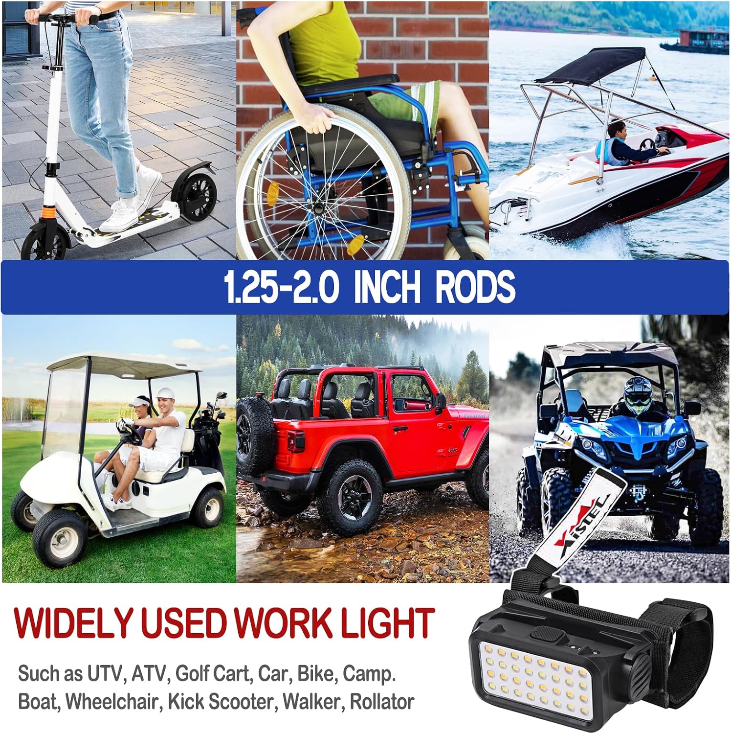 Xislet UTV Dome Light, Rechargeable Overhead Roll Bar Light with 5 Modes & 32 LEDs, Universal 1.25"-2.0" Mount for Polaris RZR, Can-Am, Jeep, Golf Cart, Boat, ATV Interior LED Lighting