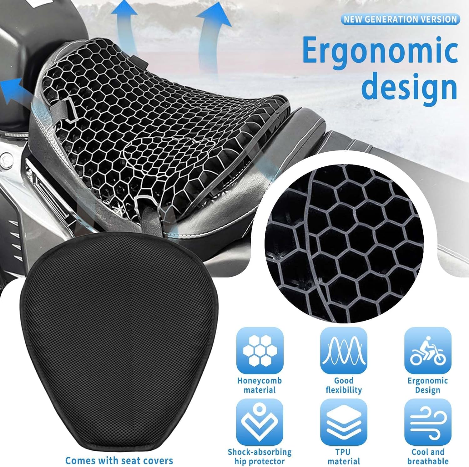 Foldable Motorcycle Gel Seat Cushion, Large 3D-Honeycomb Structure Shock Absorption & Breathable Motorcycle Gel Seat Pad for Long Rides