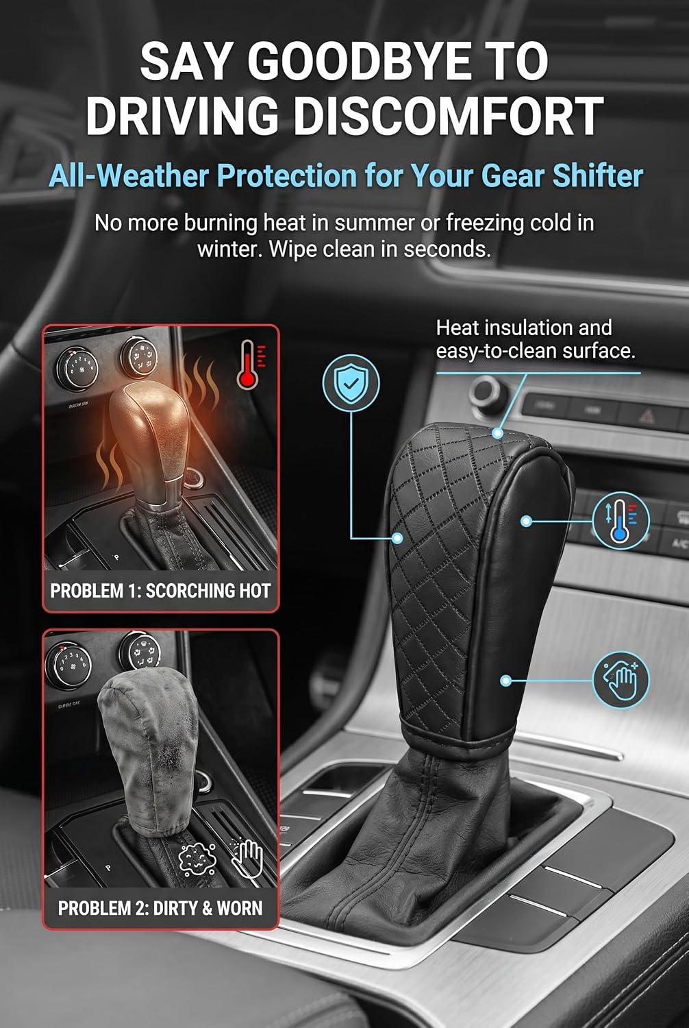 Car Gear Shift Cover, Anti-Slip Breathable Shift Knob Cover, Durable Leather Car Decorative Accessory, Universal for Most Cars, SUVs, Trucks (Black)