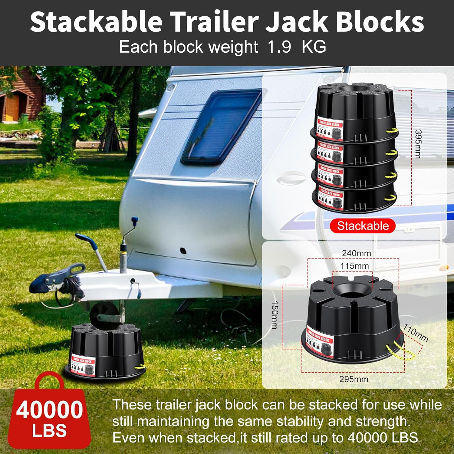 6''Height Trailer Jack Block, Heavy Duty RV Leveling Blocks 40000 lbs Camper Leveling Blocks, Stackable RV Stabilizer Blocks Universal Fit for Travel Trailer 5th Wheel Tongue Jacks Post Foot, 1 Pack