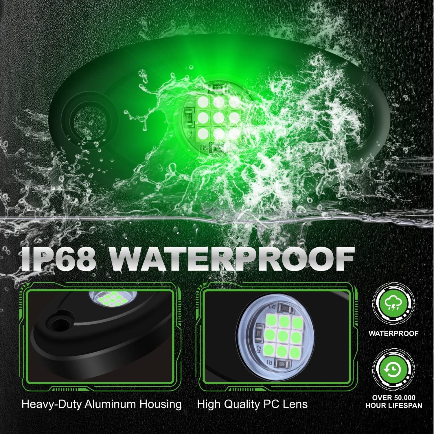 12 Pods Green LED Rock Lights Neon Underglow Light for Car Truck ATV SUV Under Body Glow Light Trail Fender Lighting