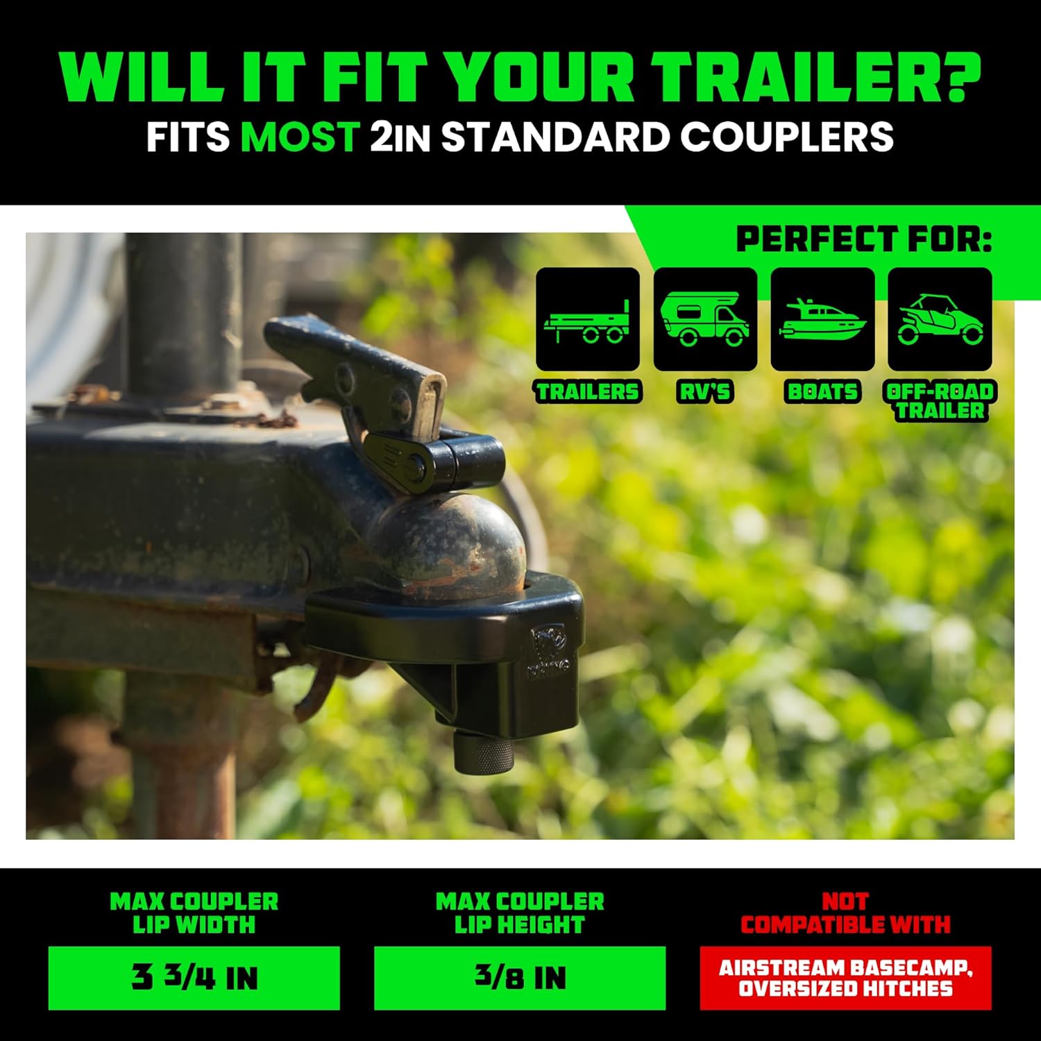 Rhino USA Trailer Hitch Lock Kit (for 2" Trailers) Heavy Duty Anti Theft Trailer Coupler Locks for RV, Camper, Trailer, Boat, Caravan - Reinforced Solid Steel Tow Lock for Trailer Tongue