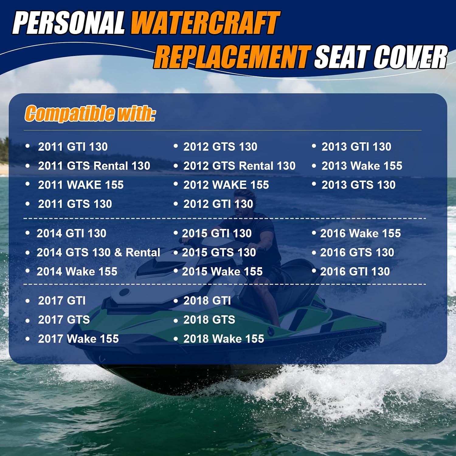 Seat Cover Replacement for 11-18 SeaDoo GTI/GTS/Wake 130/Rental/155 | 3-Layer Custom Fit Faux Leather: Waterproof, Filter Inner, Tough Base. Staple Install (Basic Setup Accessories Kit Included)