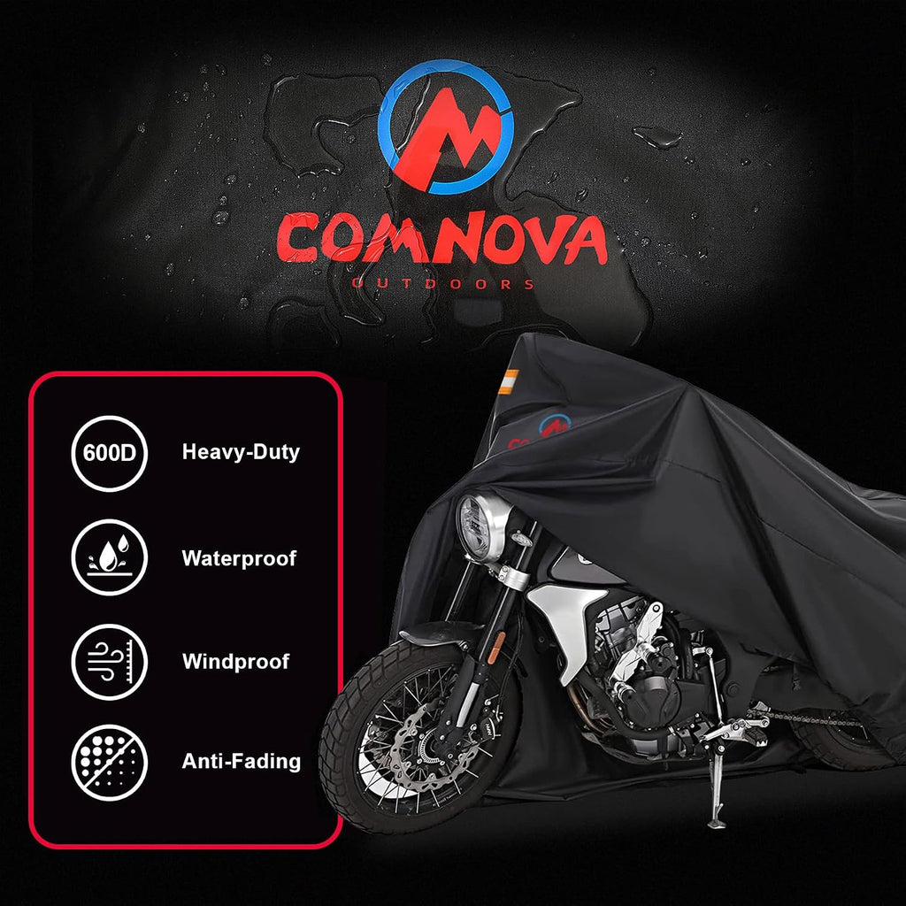Comnova Motorcycle Cover 96 Inch - 600D Outdoor Motorbike Cover Waterproof with Lock Hole, Universal Fit for Harley, Honda, Kawasaki, Full Protection, Moped Covers for Motorcycle Vehicle Up to 96"