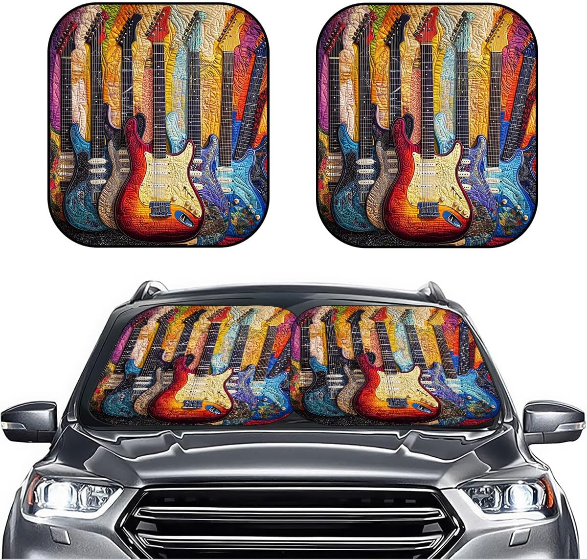 GENANY 2 Piece Colorful Guitar Windshield Sun Shade for SUV Truck (28x31 Inches), Sun Shade Windshield, Shades for Front Windows, Sunshade for Car Windshield, Spring Car Decor
