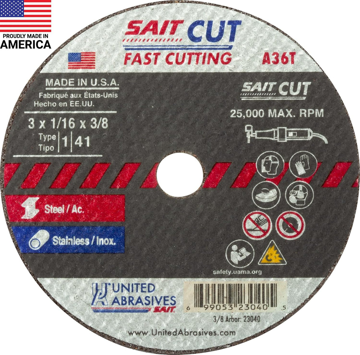 united abrasives/sait 23040 cutoff wheel 3"x 1/16"x 3/8", main product view