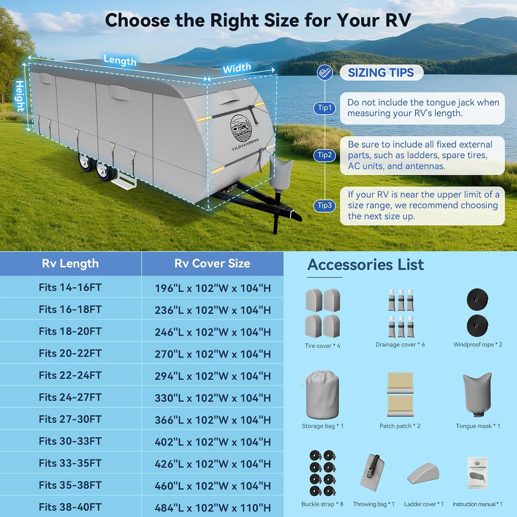 Heavy Duty Travel Trailer RV Cover 14-16ft, 8 Layers Breathable Waterproof Rip-Stop Camper Cover with Adhesive Repair Patches, Gutter, Tire & Additional Straps