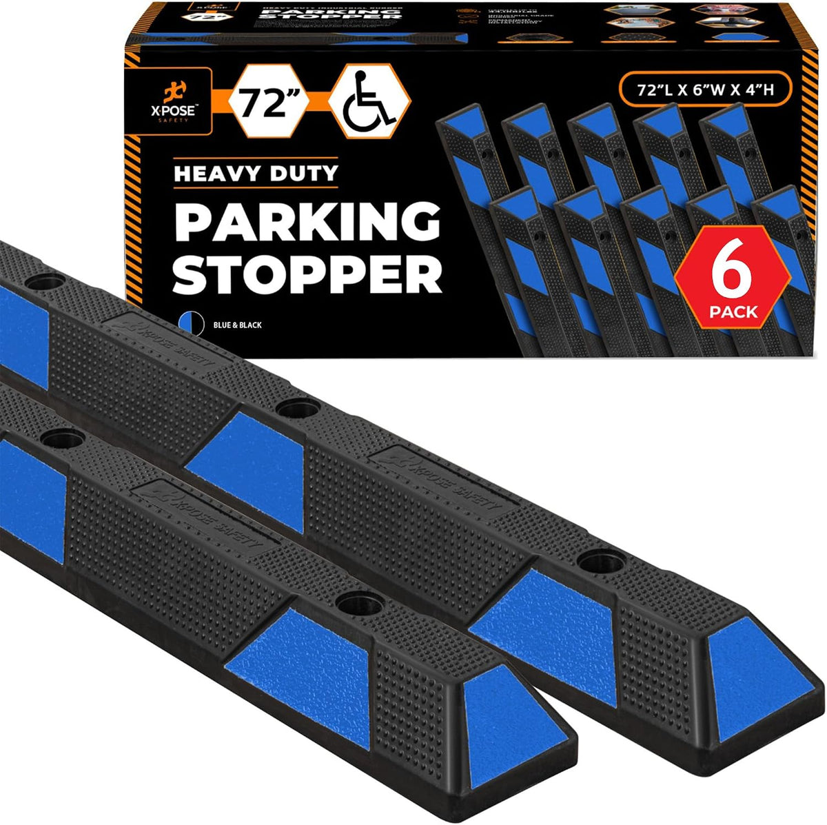 Xpose Safety 72" Heavy Duty Rubber Parking Stopper – 6 Pack Wheel Blocks