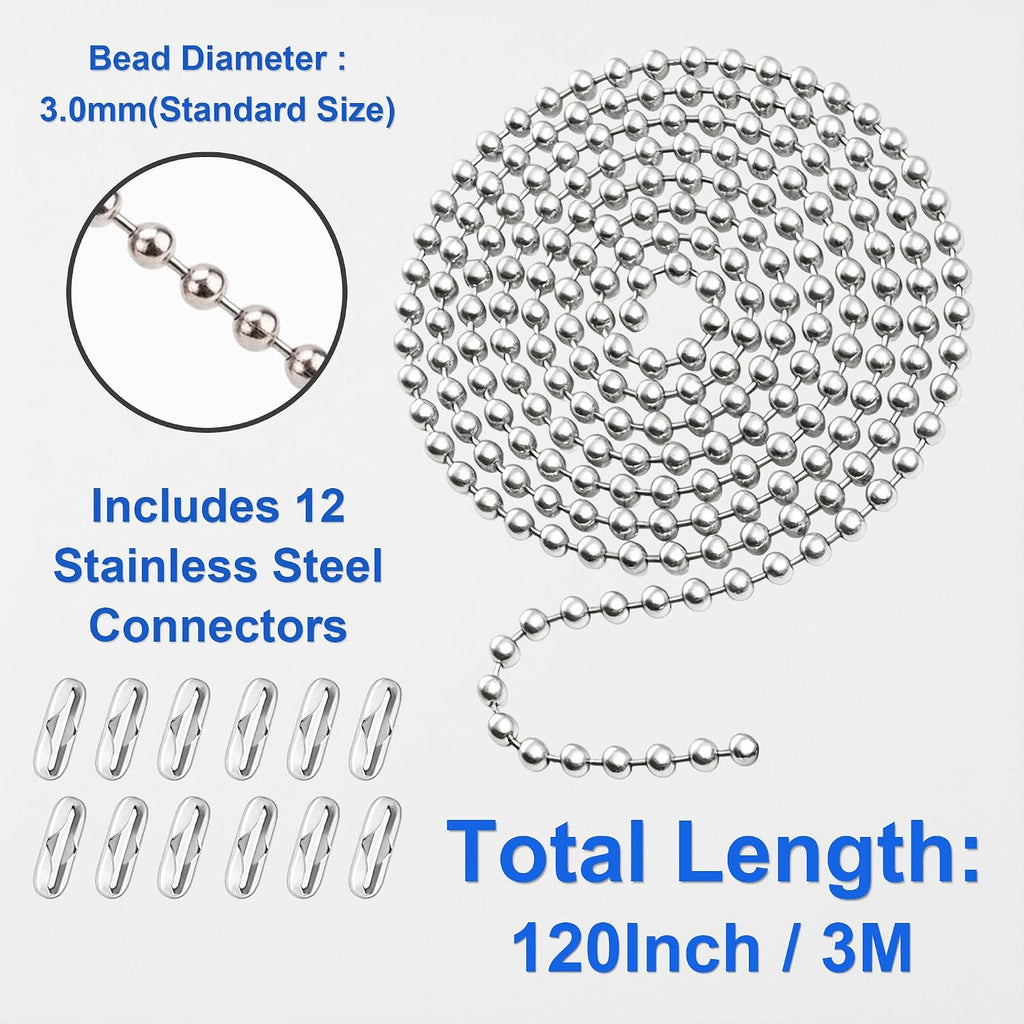 Ceiling Fan Pull Chain Extension Kit, 120-Inch Stainless Steel | 3 mm beaded chain with 12 connectors for extending or replacing most ceiling fan and light fixture pull chains.