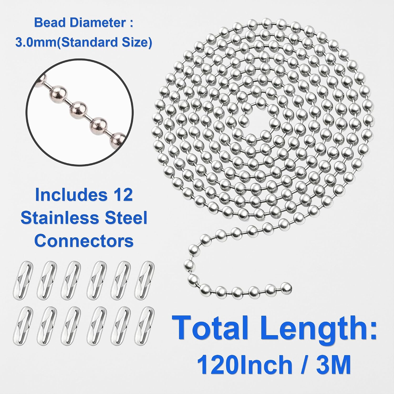 Ceiling Fan Pull Chain Extension Kit, 120-Inch Stainless Steel | 3 mm beaded chain with 12 connectors for extending or replacing most ceiling fan and light fixture pull chains.