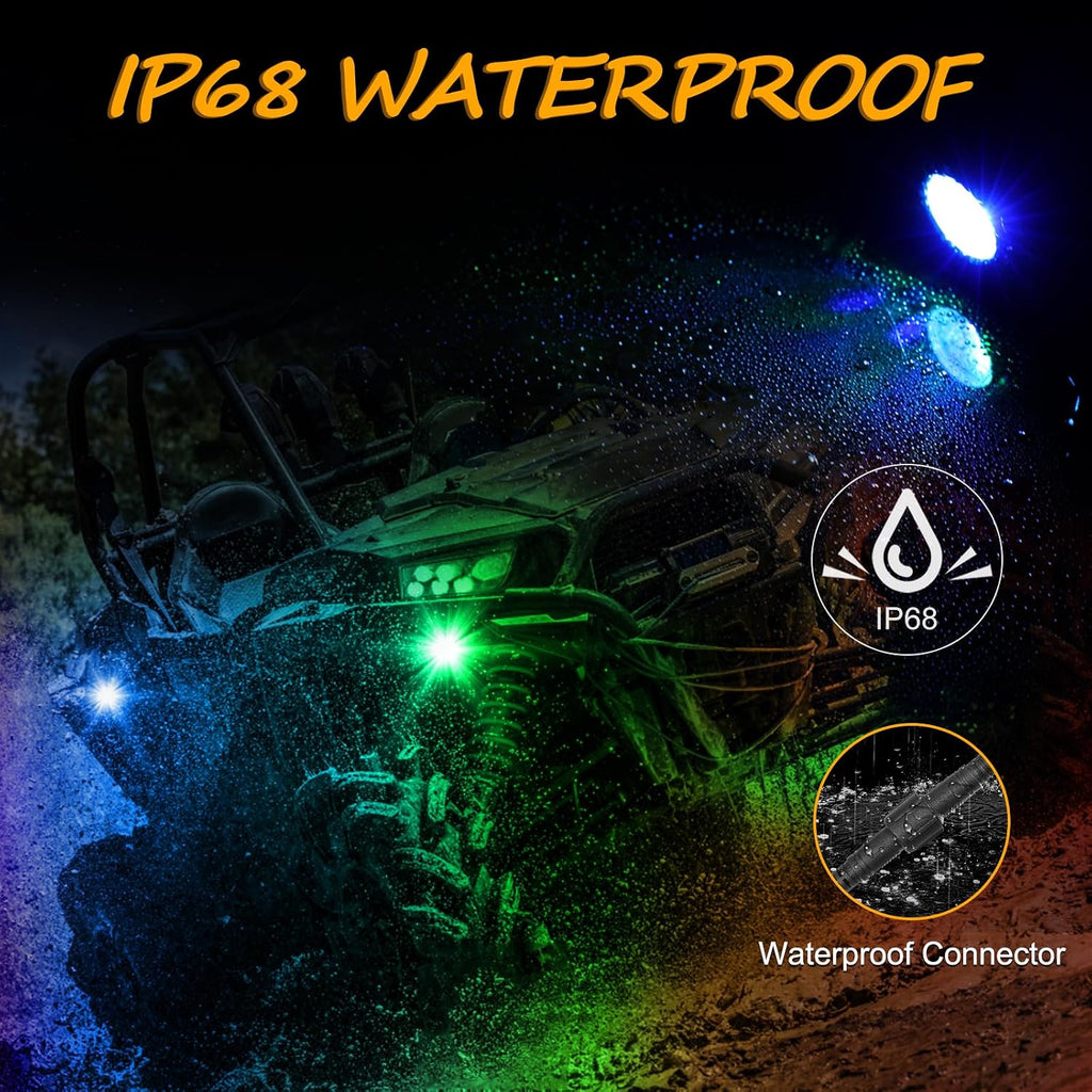 RGB Rock Light Kits, Niwaker 4 Pods LED Rock Lights with Bluetooth Control Multicolor Neon LED Lights RGB Underglow Lights for Truck UTV ATV SUV Off Road Side by Side Polaris Can-am Kawasaki Boat