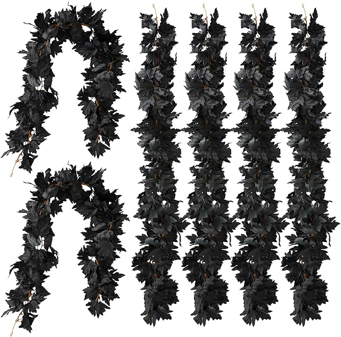 PARTY JOY Black Artificial Maple Leaf Garland - 6PCS 5.6Ft Halloween Decor, G...