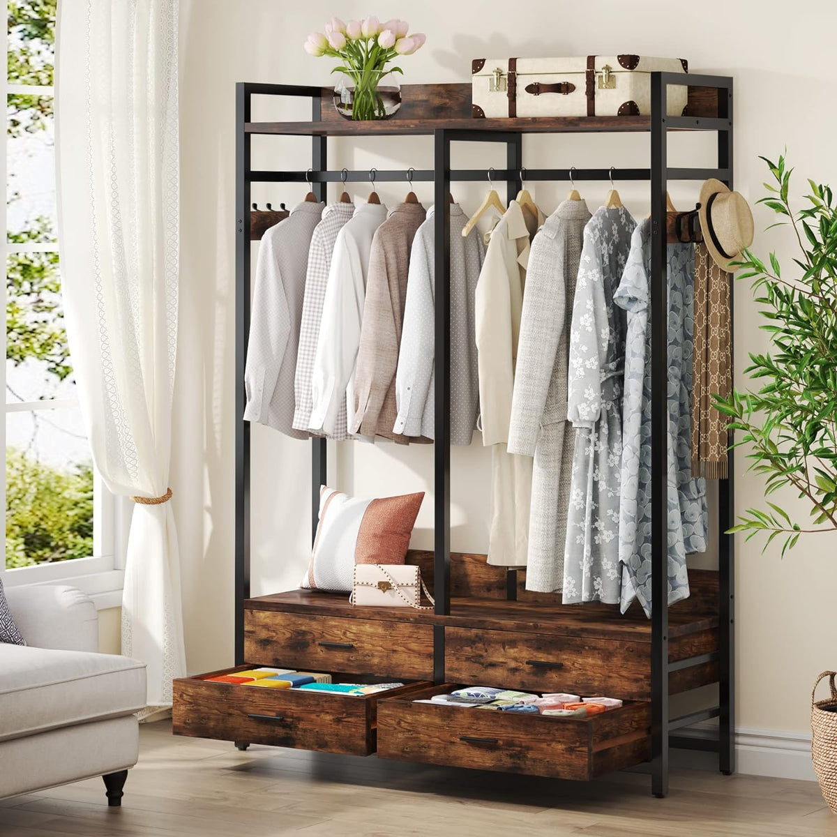 tribesigns freestanding closet organizer, garment rack with 4, main product view