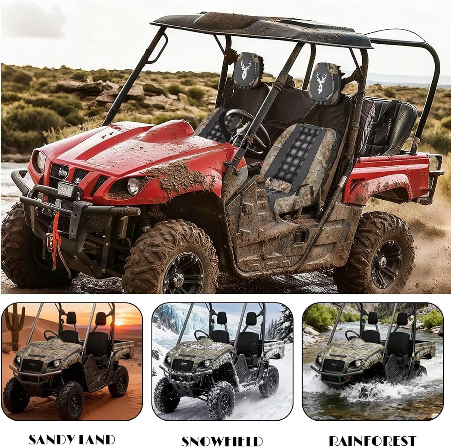 Howilath Forest Deer UTV Seat Cover Set with Headrest Heavy Duty Waterproof Compatible with Yamaha Rhino 450 660 700 Non-Slip Elastic Edging, Machine Washable