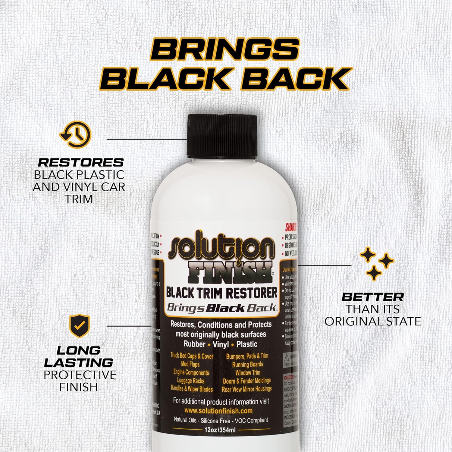 Solution Finish - Black Plastic & Vinyl Trim Restorer - Use for Car and Truck Detailing, No Wet Look, Instantly Revives Color to Trim, Bumpers, Mud Flaps, Etc., Black (12 oz)