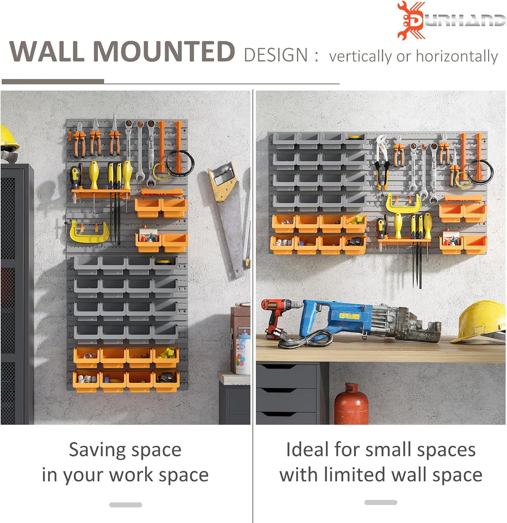 durhand wall mounted storage bins pegboard tool organizer, close-up detail