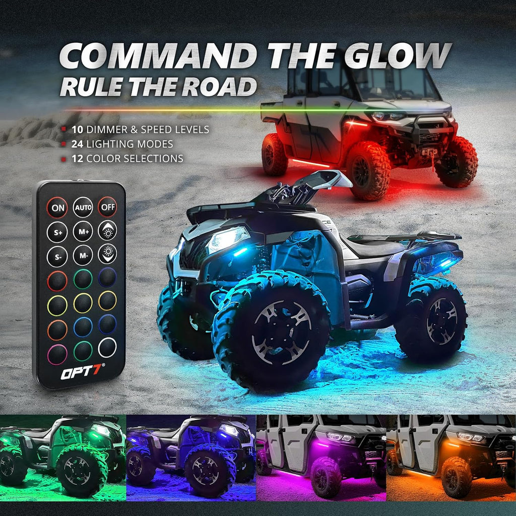 OPT7 Aura RGB LED Light Kit for Motorcycle, ATV, UTV & Snowmobile | App & Remote Controlled Multicolor Underglow Lighting, Waterproof LED Strips, Music Sync, Universal 12V Powersports Accent Lights