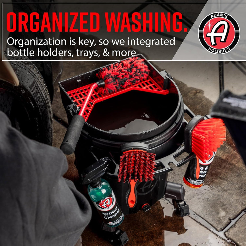 Adam's Double Complete Premium Detailing Bucket - Car Wash Bucket with Grit Guard, Seat Pad, Organization Rack, Drain Plug, 2 Locking Wheels | Innovative Detail 5 Gallon Bucket Kit System