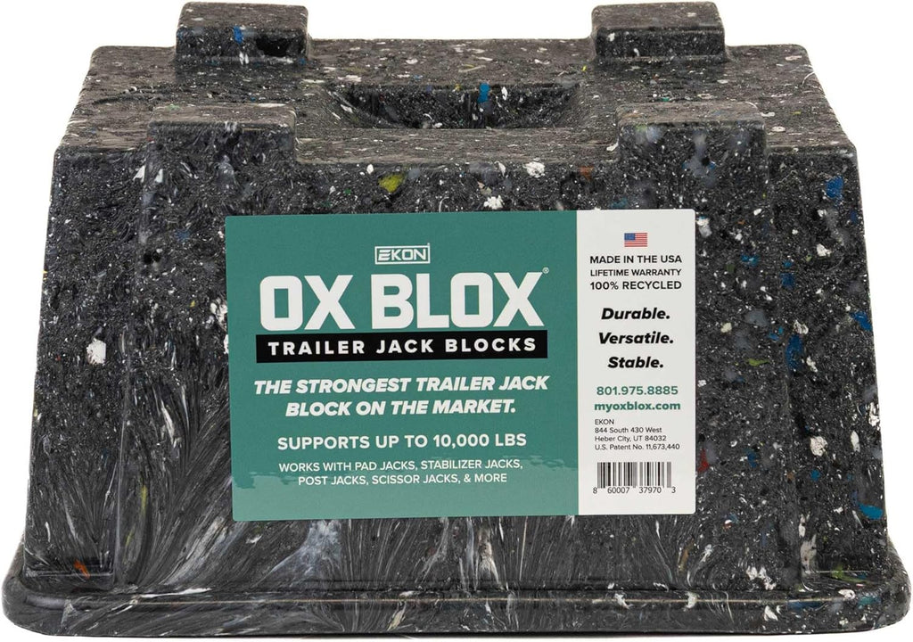 OX BLOX Heavy Duty Trailer Jack Block - 10,000 lb Capacity - Made in USA | RV Leveling Blocks & Stabilizer Pads; 100% Recycled Plastic; For Tongue Jack, 5th Wheel, Camper, Travel Trailer & More