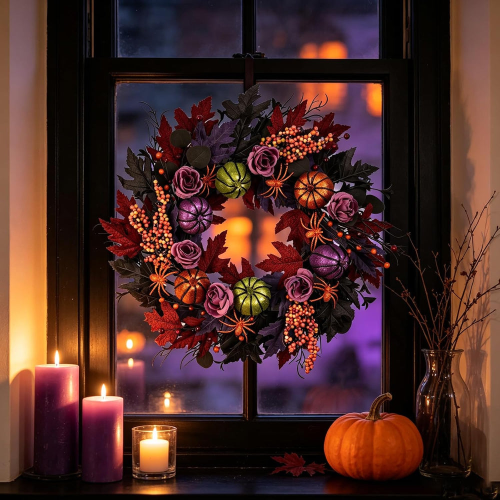22" Halloween Wreath, Pumpkins Spiders Wreath for Front Door