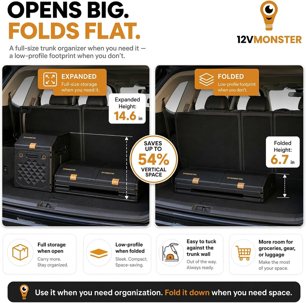 Hard Shell Trunk Organizer for SUV, Foldable Car Storage Box with 2 Compartments, Collapsible Cargo Organizer with Lid & Side Handles for Road Trips, Shoes, Groceries, Sports Gear, Garage Storage