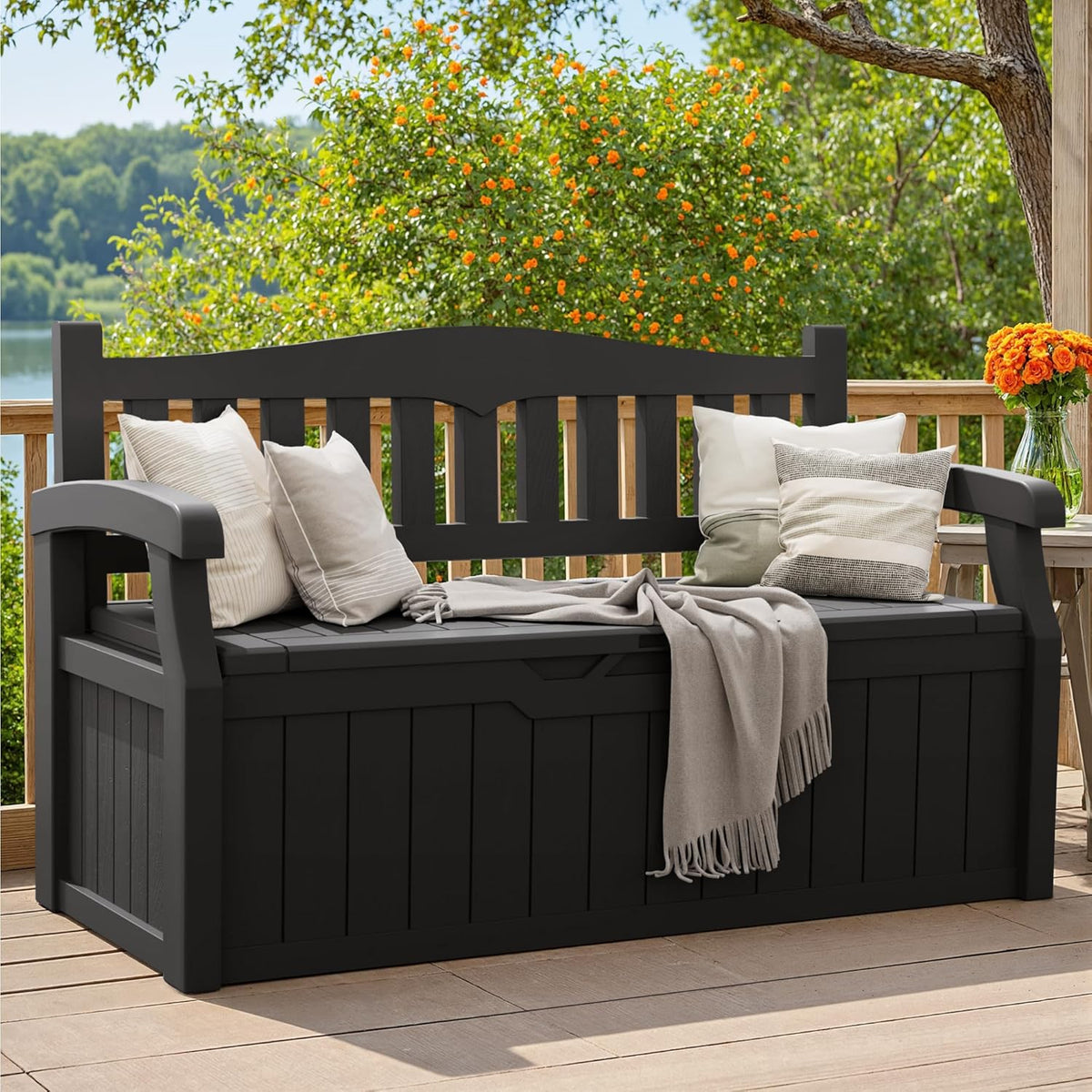 greesum 80 gallon storage bench outdoor deck box shown in use
