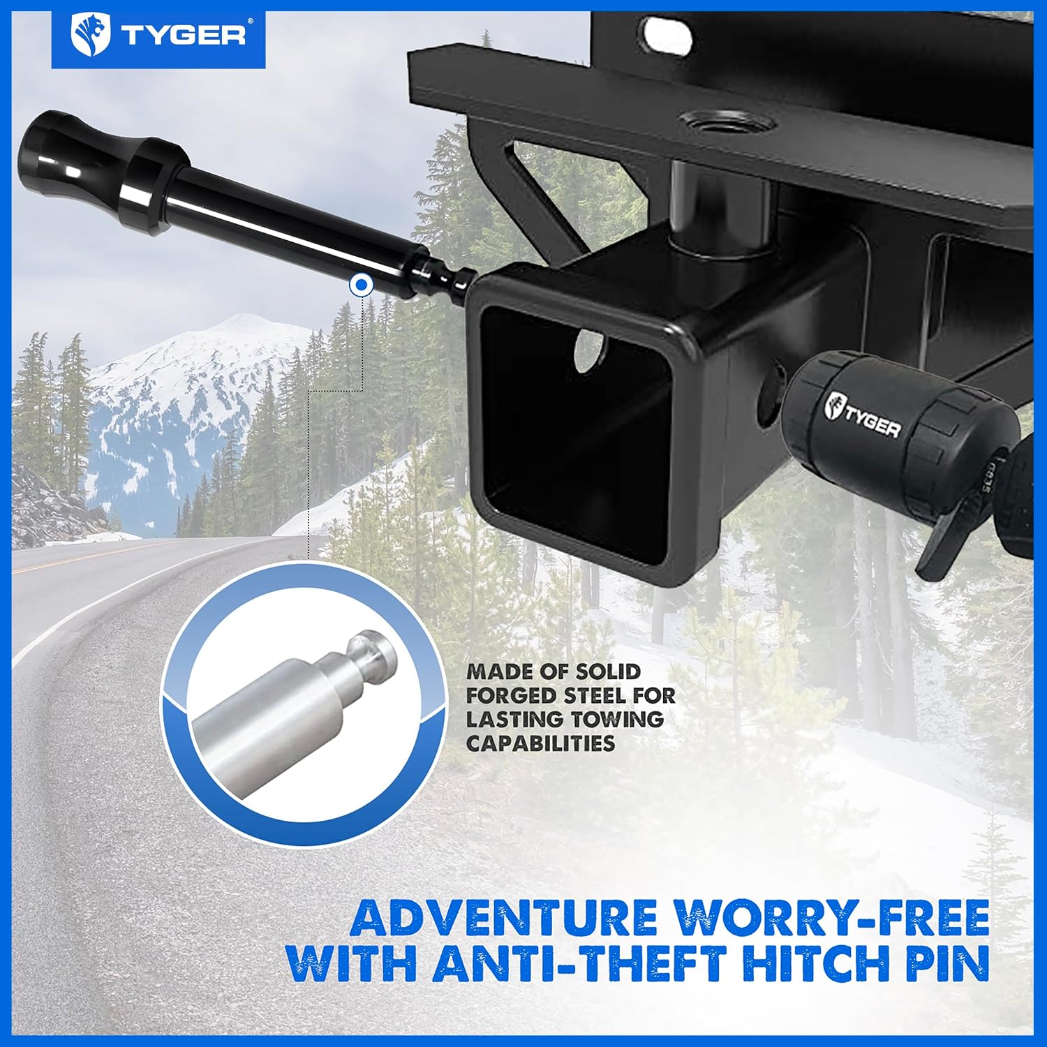 Tyger Auto Solid Hitch Lock Pin with Locking Key - 5/8 inch Pin Holes on 2 inch Receivers | Class III IV V | 19,000 lb Load Rating | TG-HL3U001B | Weatherproof Anti-Theft