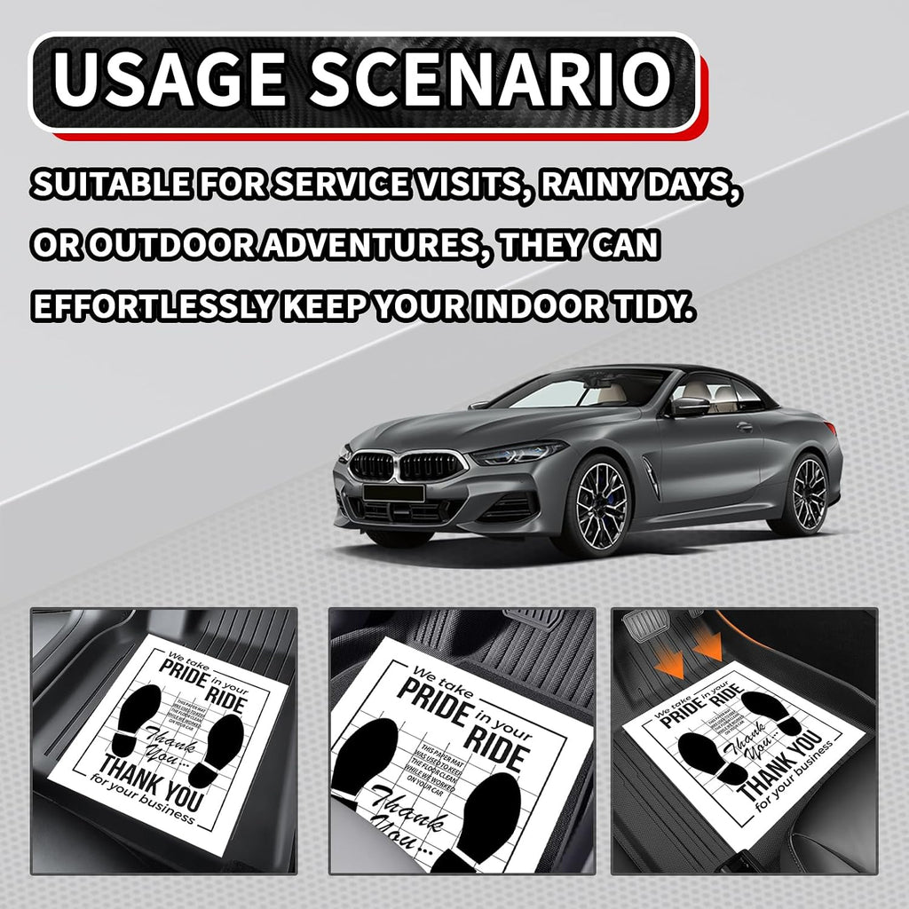 50 PCS Car Paper Floor Mats, Disposable Auto Carpet Protector with Footprint Words, 16 x 20 Inch Universal Temporary Vehicle Floor Pads for Automotive Detailing Wash & Protection (White)