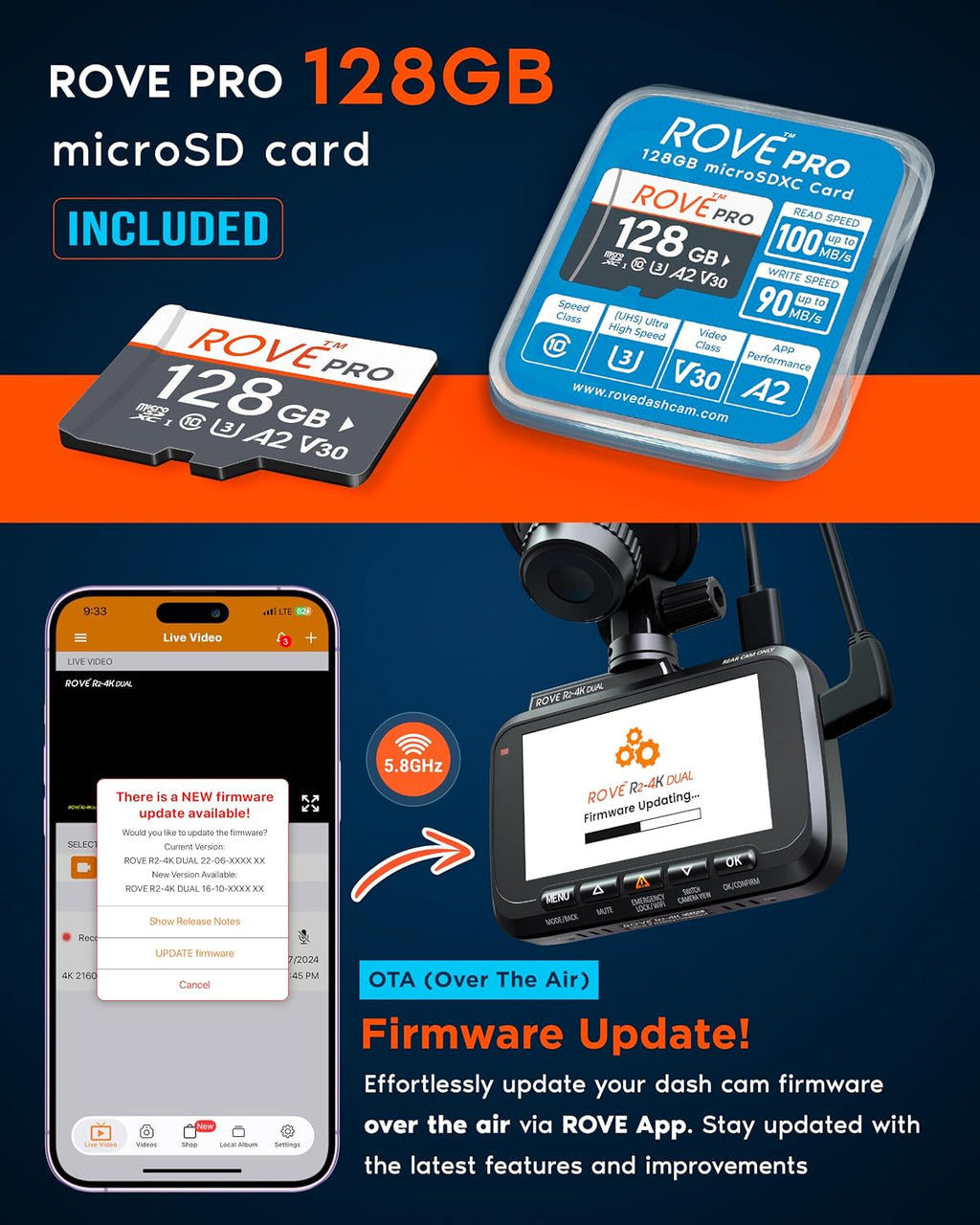 rove r2-4k dual dash cam front and rear, front angle view