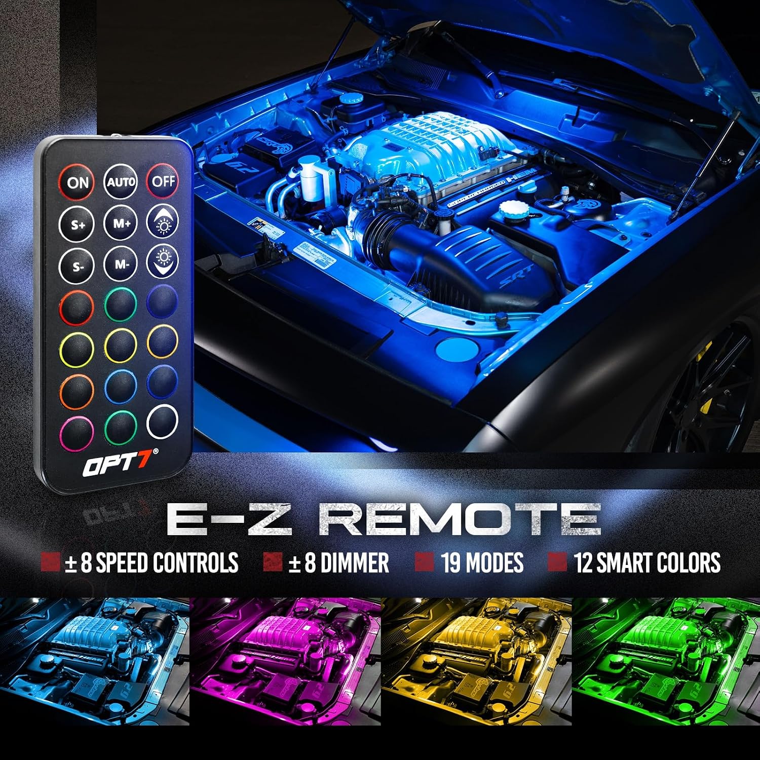 OPT7 Aura Engine Bay RGB LED Light Kit with Remote Control, 4 pc 12" Waterproof Under Hood Light Strips, Multicolor Mode, Exterior Neon Accent Lighting for Cars Trucks SUVs Vans, Universal Car Décor