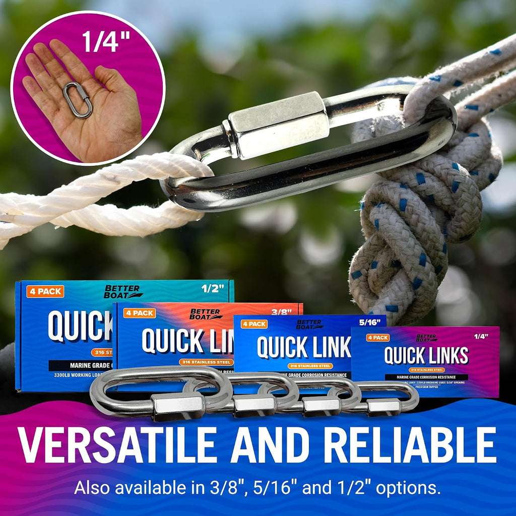 316 Stainless Steel Locking Chain Link, Threaded Quick Link Chain Connector Clips, Heavy Duty D Shape Quicklinks, 1/2", 3/8", 5/16", 1/4" Small Sizes, Marine Grade, 4 Pack Safety Links 1/4"