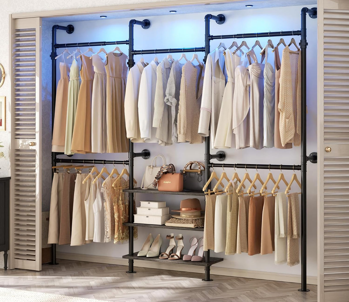 aheaplus expandable industrial pipe clothing rack, 7.3-10.9ft closet, main product view