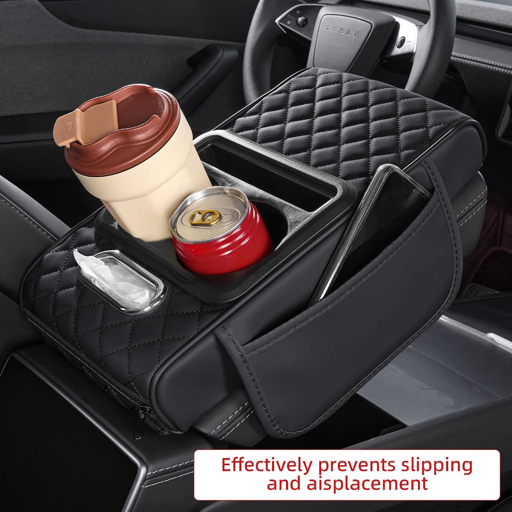 5 in 1 Nappa Leather Console Armrest Cover, Black | Built-in cup holder, tissue slot, phone holder & 2 storage pockets, practical car accessories fit SUV sedan truck