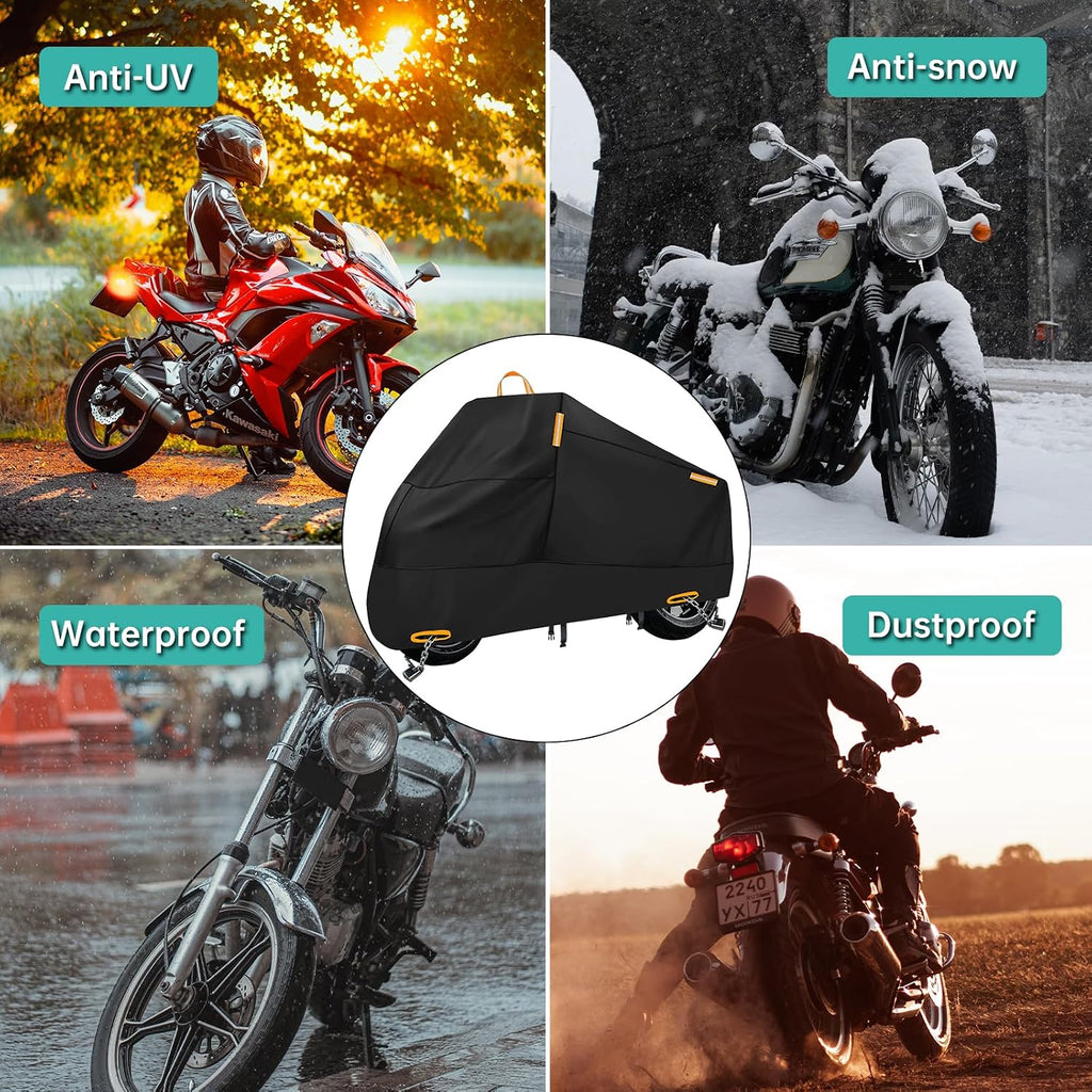 Motorcycle Cover Waterproof Outdoor Storage with Lock-Holes, Zipper Storage Bag & Night Reflective Design, All Season Protection Powersports Vehicle Covers Fits up to 96.5" Motorcycles