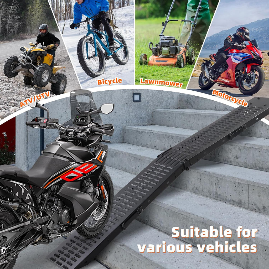 72.5" Heavy Duty Folding Loading Ramps with Sandblasted Finish, 1500lb Capacity, Ideal for Motorcycles, Lawn Mowers, ATVs, UTVs, and More – Pack of 2 with Safety Straps and Gloves