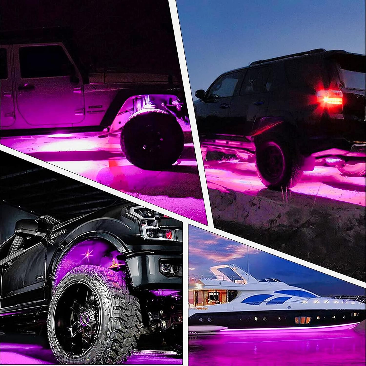 Purple Pink LED Rock Lights with 4 Pods Neon 12V Underglow Underbody Kit Crawler Crawling Dome Exterior Wheel Lamp Compatible for ATV RZR UTV SUV Off-Road Auto Boat Motorcycle Trail Rig Fender