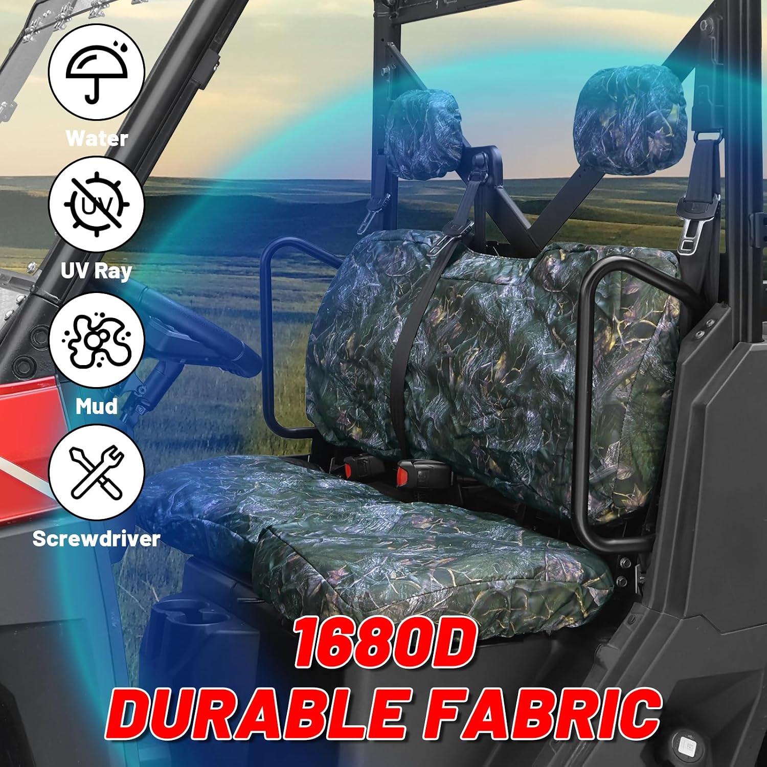 StarknightMT Full Back Seat Covers with Headrest Covers Compatible with Polaris Ranger 1000 / XP 1000 (2018-2027) – Heavy-Duty UTV Bench Seat Protectors, Camouflage