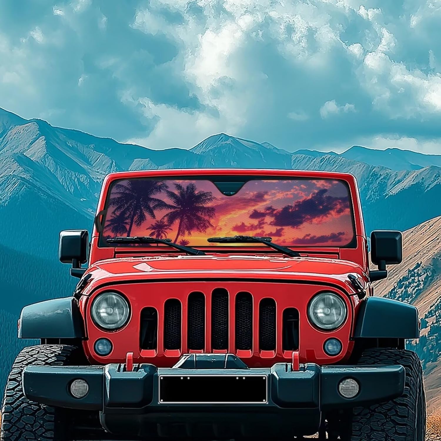Palm Tree Windshield Sun Shade for Jeep Wrangler JL JLU & Gladiator, Front Window Sun Visor Blocks UV Rays Foldable Sunshade
