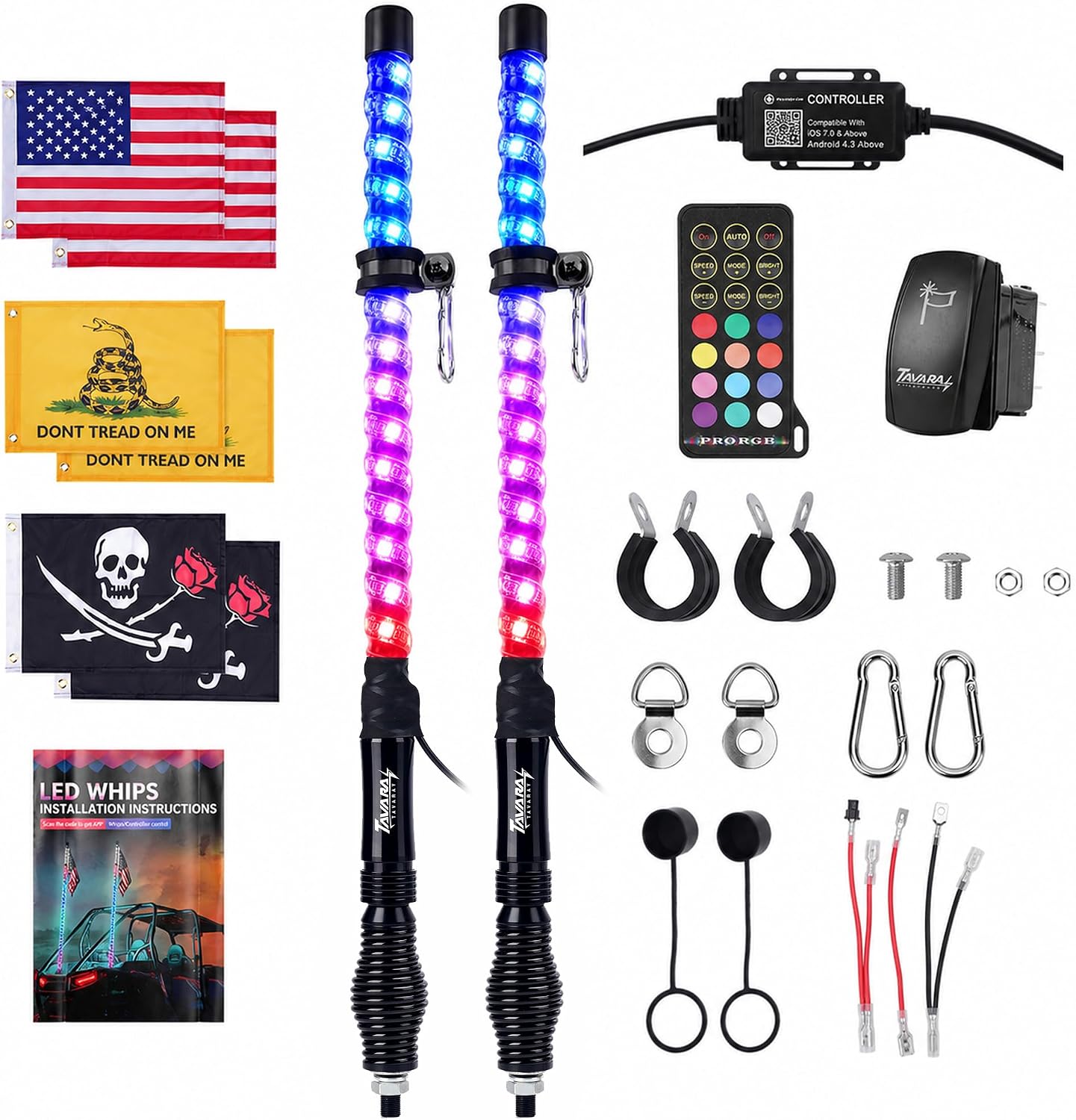 Tavaray 2FT LED Whip Lights 2-Pack with Spring Base, App & Remote Control Spiral Chasing Lighted Whips, Waterproof Off-Road Flag Lights for UTV ATV SXS