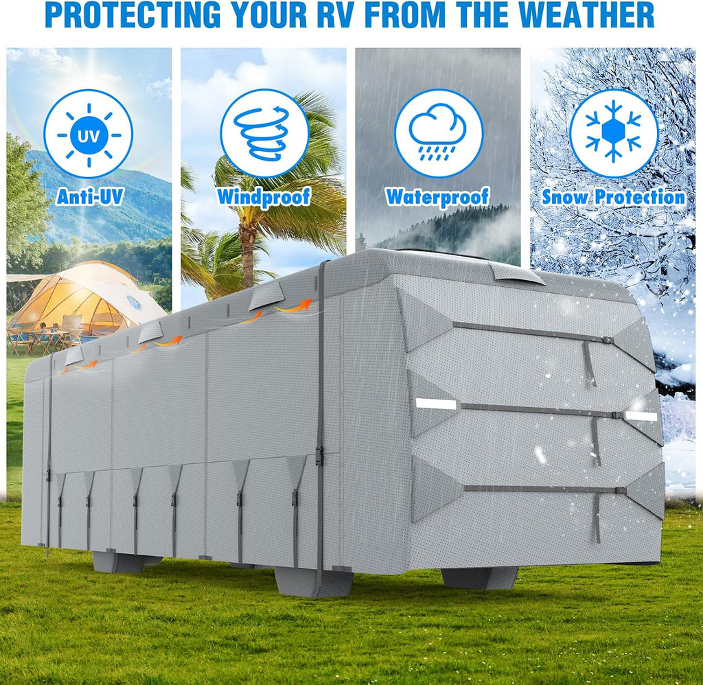 Mofeez Class A RV Cover, Heavy Duty Camper Cover 31-34ft, Extra-Thick 7 Layer Windproof Anti-UV Rip-Stop Class A Motorhome Cover with 2Pcs Extra Straps, 6 Gutter Covers & 4 Tire Covers