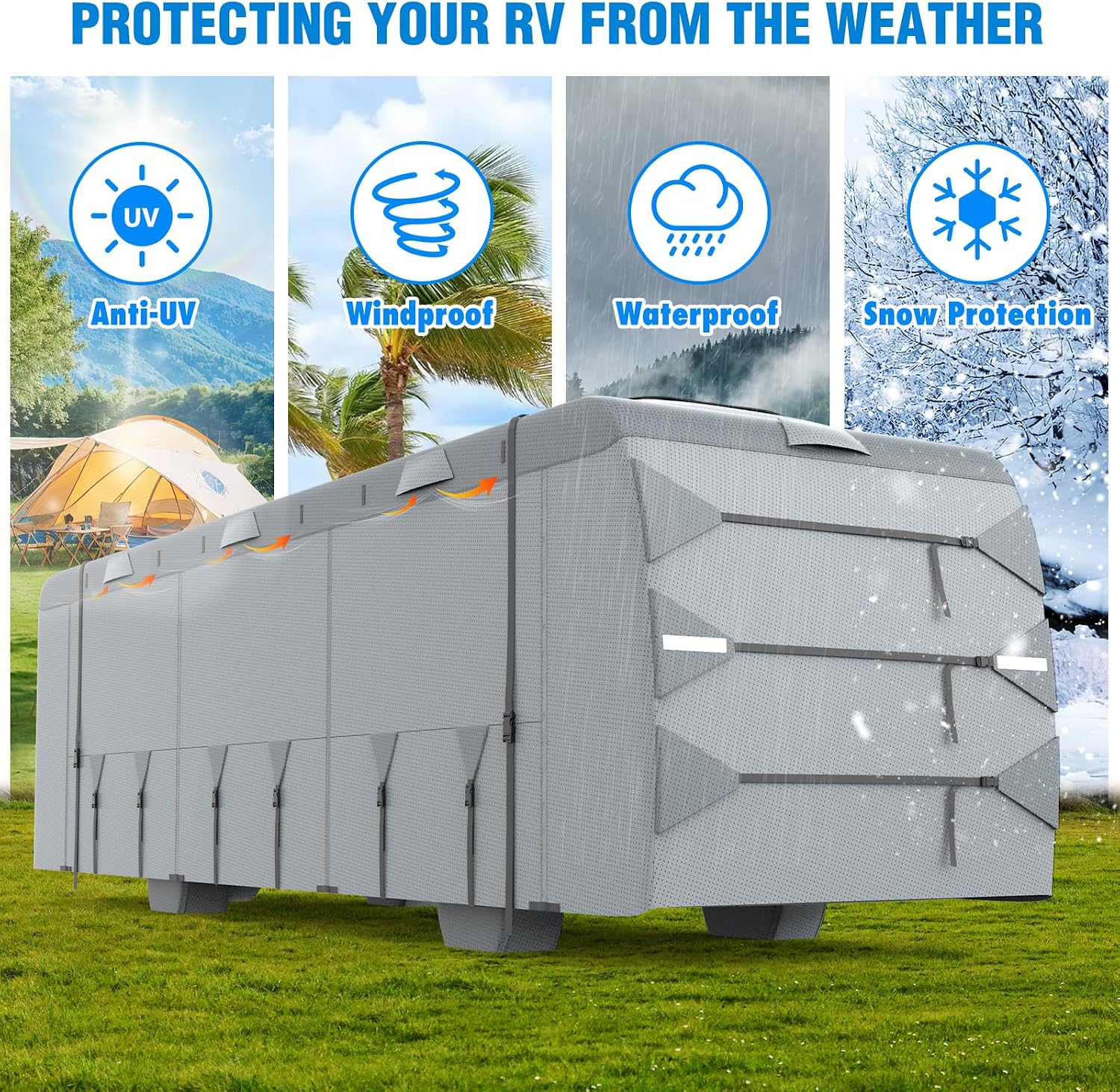 Mofeez Class A RV Cover, Heavy Duty Camper Cover 31-34ft, Extra-Thick 7 Layer Windproof Anti-UV Rip-Stop Class A Motorhome Cover with 2Pcs Extra Straps, 6 Gutter Covers & 4 Tire Covers