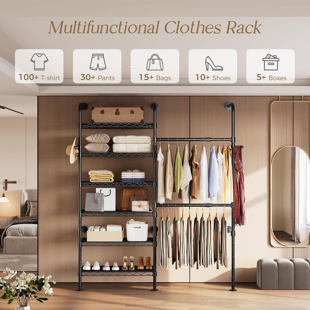 wall mounted closet system, heavy duty 2-row clothes, side view