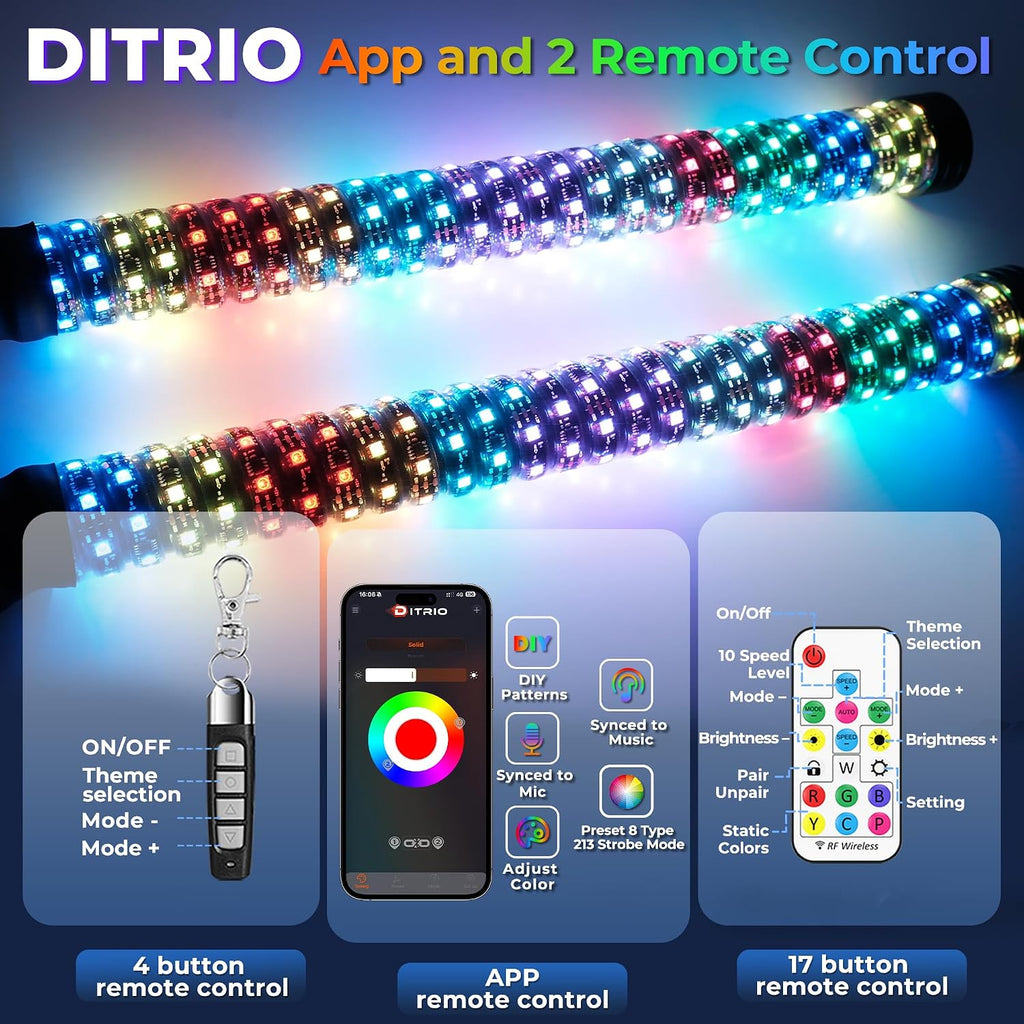 2 Pack 3FT Fat Whip Lights with App & Remote Control, Spiral RGB Chasing Lighted with Kill Switch, Side by Side Whip Lights with 4 Flags for UTV ATV SXS Truck, Multi Color, Waterproof, Music Mode