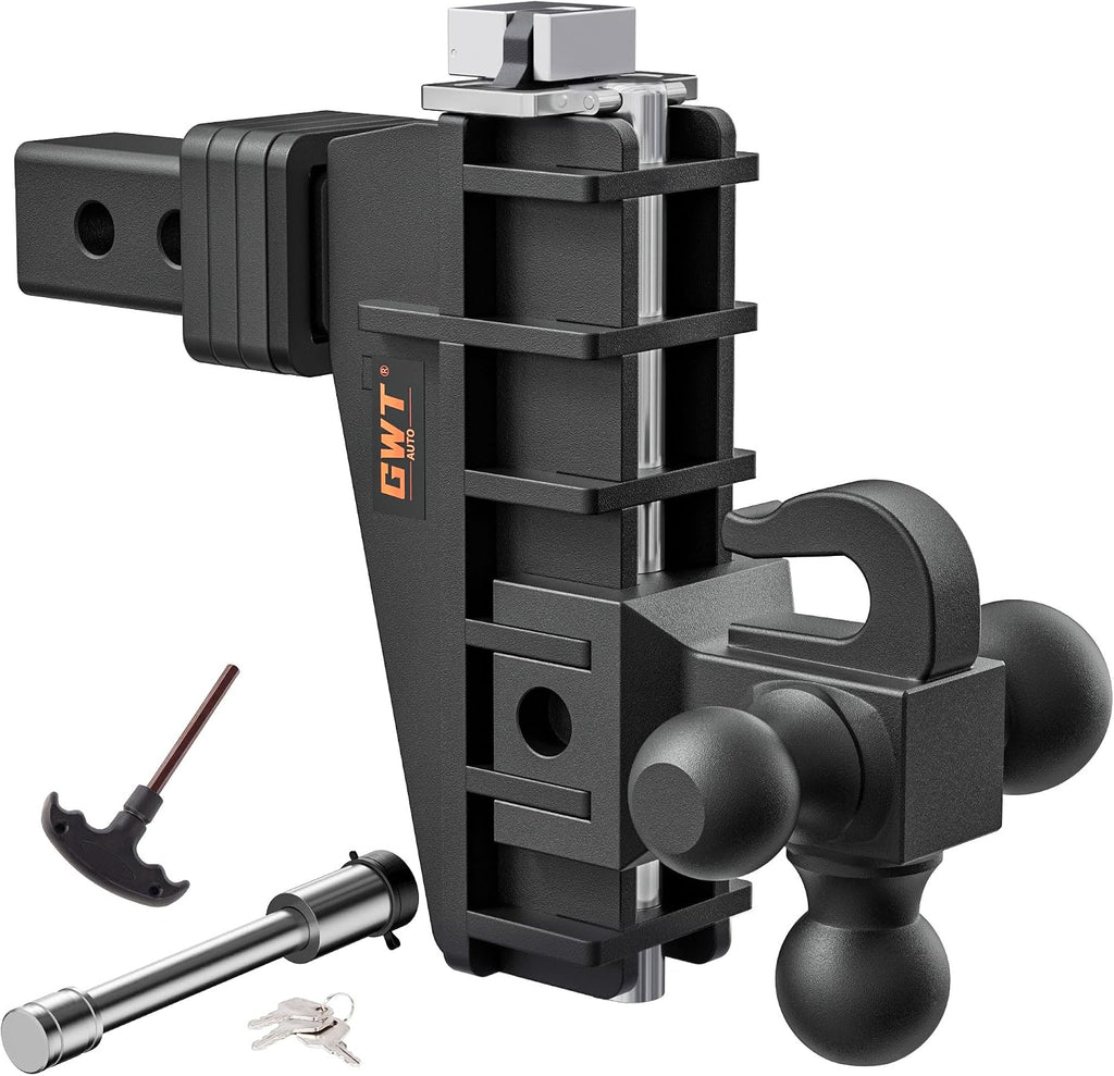 GWTAUTO Adjustable Trailer Hitch with Hook, Tri-Ball (1-7/8" x 2" x 2-5/16") Drop Hitch, Fits 2-Inch Receiver, 6 Inch Drop Hitch, 17000 LBS GTW Tow Hitch for Heavy Duty Truck, Solid Ball Mount