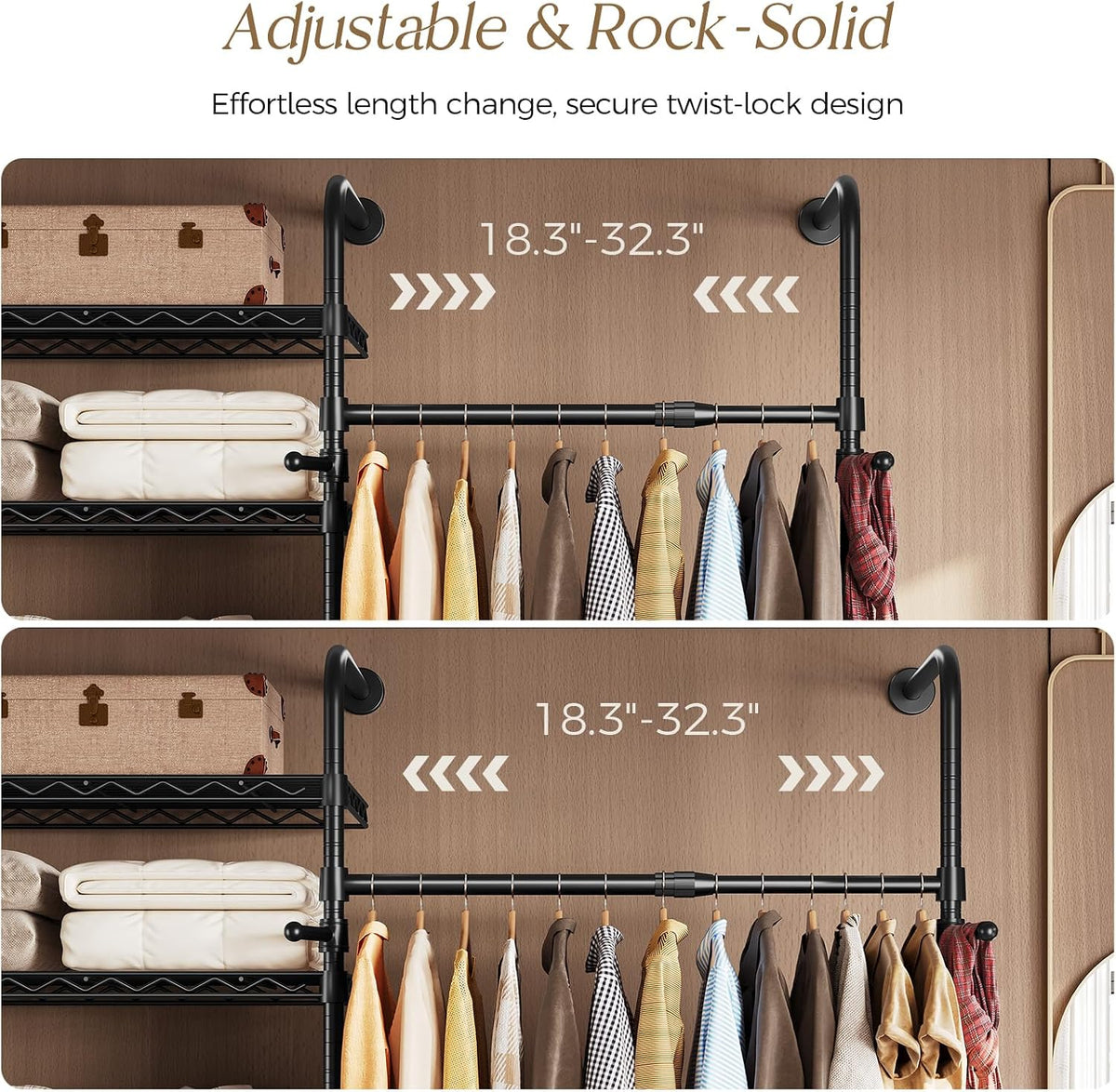 wall mounted closet system, heavy duty 2-row clothes, close-up detail