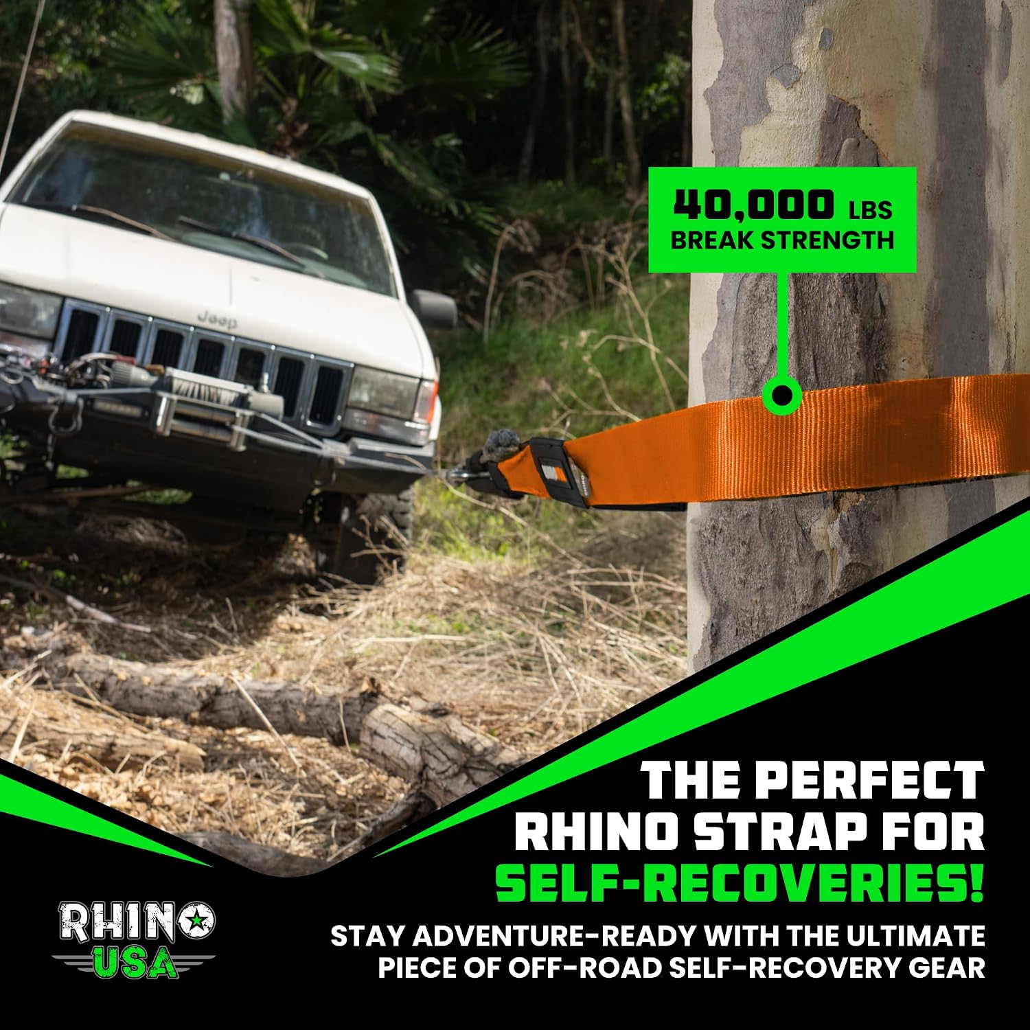 Rhino USA Tree Saver Tow Strap (4"x10') - 40,320lb Break Strength - Emergency Recovery Strap Winch Extension for Truck, UTV, ATV & More - Heavy Duty Straps Compatible with Jeep, Ford, Toyota (Orange)