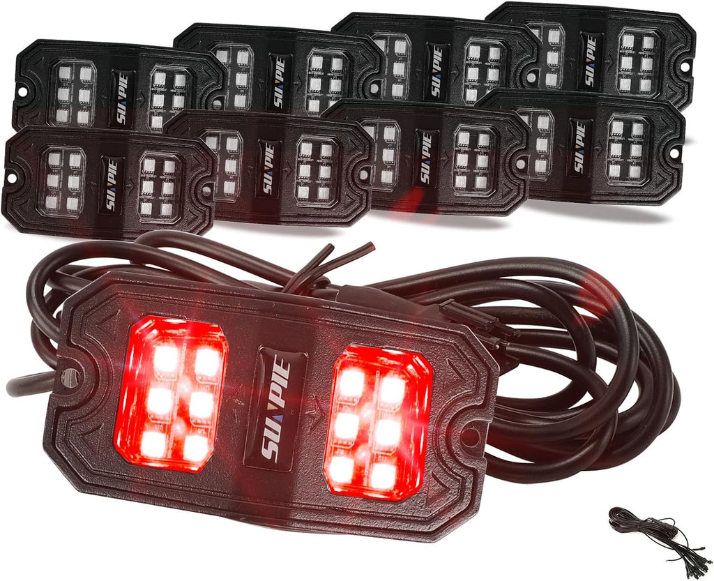 SUNPIE 8 Pods Quick Connect Red Rock Lights, 18 Wide Angle Chips, 4M Extension Wires Each Light, Mounting Pads, IP67 Waterproof, Fits for Trucks Trailer SUV ATV UTV